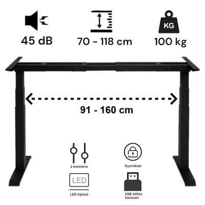 Elektromosan állítható magasságú asztalláb, BASIC, 4 memóriás, USB, FEKETE keret