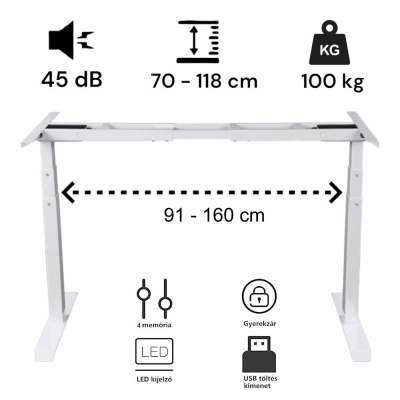 Elektromosan állítható magasságú íróasztal, BASIC, 4 memóriás, USB, FEHÉR íróasztal Fehér színű, 120x60cm méretű asztallappal