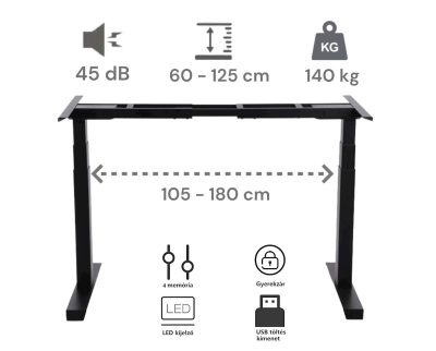 Elektromosan állítható magasságú íróasztal, BASIC, 4 memóriás, USB, FEHÉR íróasztal Kasmir szürke színű, 137x67cm méretű asztallappal