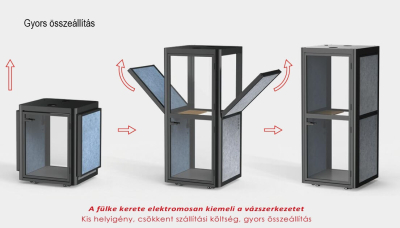 Hangszigetelt, egyszemélyes akusztikus irodai fülke, telefonfülke, silent-box, szürke-kék színben
