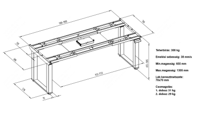 Elektromosan állítható 65-130 cm magasságú asztal, 300 kg teherbírás, memóriás, irodai- munka- tárgyaló vagy étkező asztal váz, emelhető 4 motoros asztalláb, FEKETE