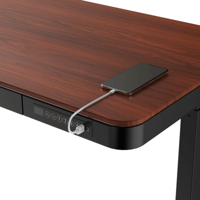 Elektromosan állítható magasságú Okosasztal, 72-122 cm, 4 memóriás, fiókos, USB-A, USB-C, Mahagóni színben