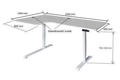 Elektromosan állítható 700-1200 mm magasságú L-alakú BAL-os íróasztal, 4 memóriás USB-s LED vezérlővel, FEKETE vagy FEHÉR váz Cseresznye asztallappal