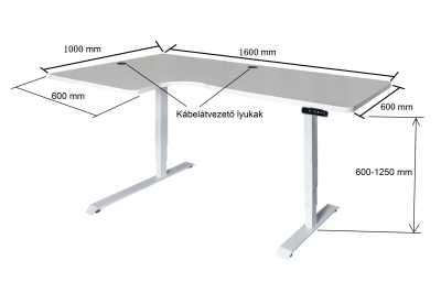 Elektromosan állítható magasságú, 70-120 cm, L-alakú BAL-os íróasztal, 4 memória, USB, FEKETE vagy FEHÉR váz Mogyoró asztallappal