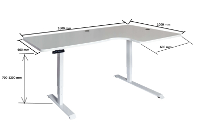 Elektromosan állítható magasságú, 70-120 cm, L-alakú JOBB-os íróasztal, 4 memória, USB, FEKETE vagy FEHÉR váz Mogyoró asztallappal