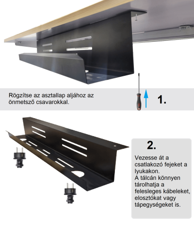 Kábeltartó tálca 70 cm, fekete - asztal alá szerelhető