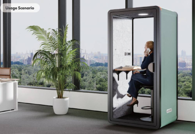 Hangszigetelt, egyszemélyes akusztikus irodai fülke, telefonfülke, silent-box, fehér és fekete színben