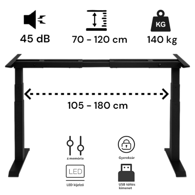 Elektromosan állítható magasságú íróasztal, PREMIUM, 4 memóriás, USB, FEKETE íróasztal - Juhar színű, 137x80cm méretű asztallappal