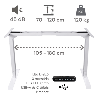 Elektromosan állítható magasságú asztal, PREMIUM, 4 memóriás, USB, SZÜRKE íróasztal váz, emelhető asztalláb, keret