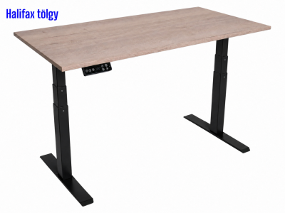 Elektromosan állítható magasságú íróasztal, PREMIUM PRO, 4 memóriás, 3 láb szegmens, USB, FEKETE íróasztal - Halifax tölgy színű, 120x70cm méretű asztallappal