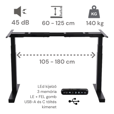 Elektromosan állítható magasságú asztal, PREMIUM PRO, 4 memóriás, 3 láb szegmens, USB, FEKETE íróasztal váz, emelhető asztalláb, keret