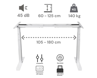 Elektromosan állítható magasságú íróasztal, PREMIUM PRO, 4 memóriás, 3 láb szegmens, USB, FEHÉR íróasztal - Fehér színű, 120x60cm méretű asztallappal