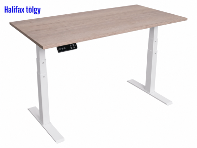 Elektromosan állítható magasságú íróasztal, PREMIUM PRO, 4 memóriás, 3 láb szegmens, USB, FEHÉR íróasztal - Halifax tölgy színű, 120x60cm méretű asztallappal