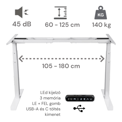 Elektromosan állítható magasságú asztal, PREMIUM PRO, 4 memóriás, 3 láb szegmens, USB, FEHÉR íróasztal váz, emelhető asztalláb - Asztallap nélkül! (PREMIUM-PRO-W)