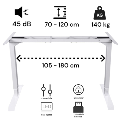 Elektromosan állítható magasságú íróasztal, PREMIUM, 4 memóriás, USB, FEHÉR íróasztal Juhar színű, 137x67cm méretű asztallappal