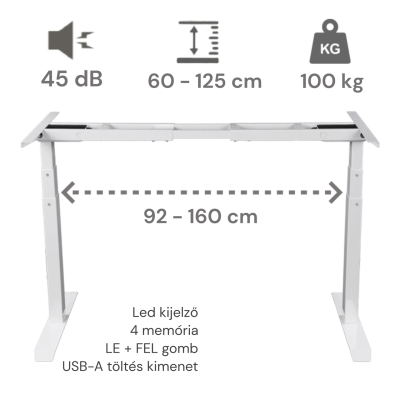 Elektromosan állítható magasságú asztal, Basic PRO Light, 4 memóriás, 3 láb szegmens, USB, FEHÉR íróasztal váz, emelhető asztalláb, keret