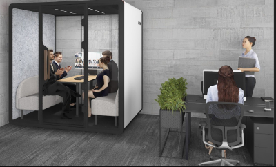 Hangszigetelt, Négyszemélyes akusztikus irodai fülke, telefonfülke, silent-box, fehér és fekete színben