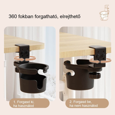 Asztalra szerelhető pohártartó, fekete, 360 fokban elforgatható