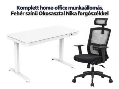 Komplett home-office munkaállomás, Fehér színű Okosasztal Nika forgószékkel