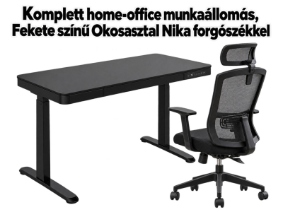 Komplett home-office munkaállomás, Fekete színű Okosasztal Nika forgószékkel
